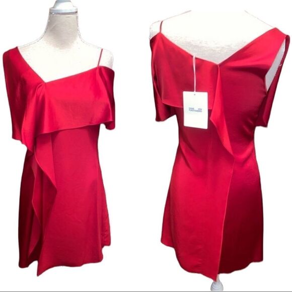 DIANE Von Furstenberg DVF Off-Shoulder Asymmetrical Red Silk Dress - Picture 4 of 4
